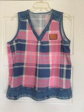 SHEIN Pink and Navy Plaid Sleeveless V-Neck Top